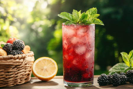 refreshing summer cocktail with berries and mintの素材