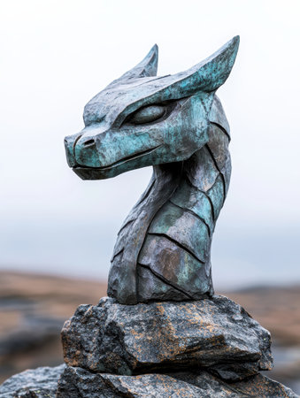 Mythical dragon statue on rocky outcropの素材