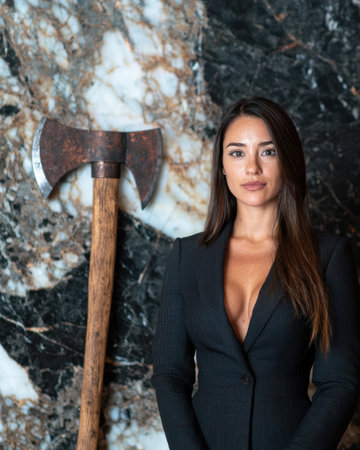 confident businesswoman posing with axeの素材