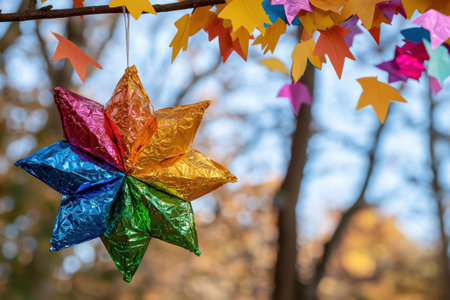 Colorful autumn leaves and decorative star ornamentsの素材