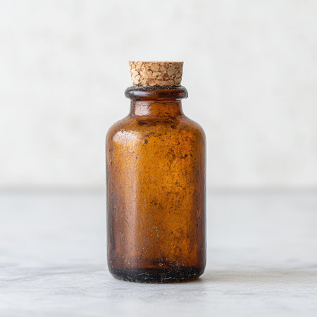 Vintage amber glass bottle with cork stopperの素材