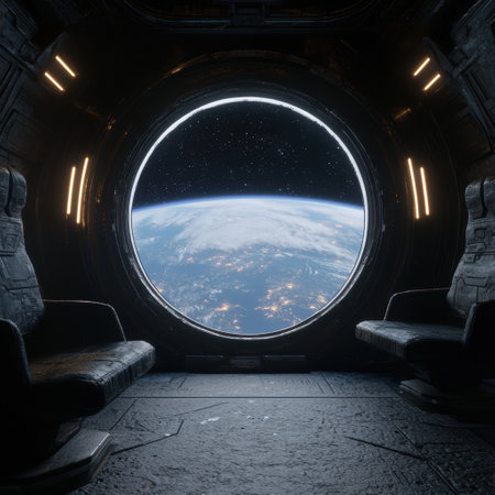 view of earth from space through a spacecraft windowの素材