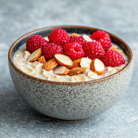 Healthy breakfast bowl with raspberries and almondsの素材