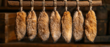 Hanging fur pelts in a rustic wooden cabinの素材