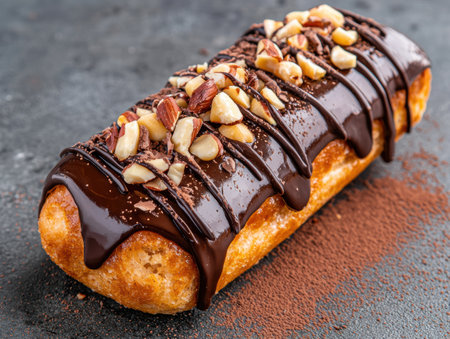 Decadent chocolate-covered pastry with nutsの素材
