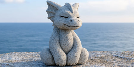 Whimsical stone dragon statue overlooking the oceanの素材