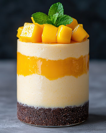 Delicious mango mousse cake with fresh fruitの素材