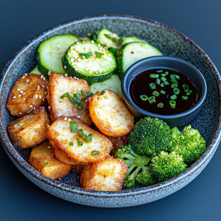 Delicious asian-inspired meal with crispy tofu, steamed broccoli, and cucumber slicesの素材