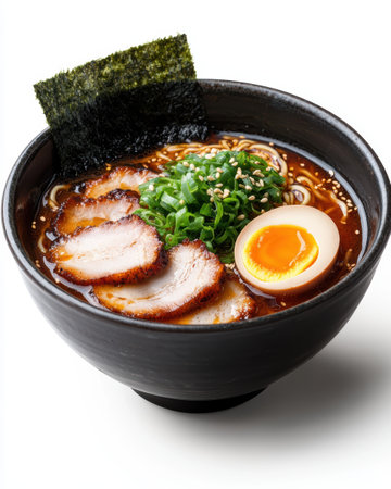 delicious japanese ramen noodle soup with pork, egg, and green onionsの素材