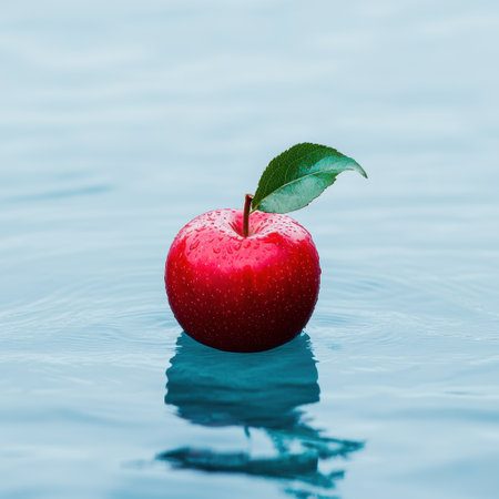Red apple floating on waterの素材