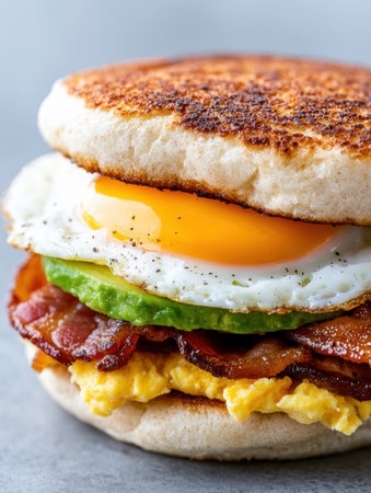 Delicious breakfast sandwich with fried egg, avocado, and baconの素材