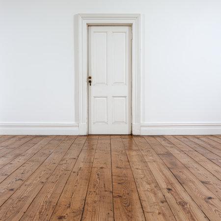 empty room with white door and wooden floorの素材