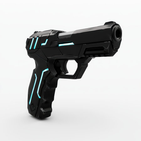 Futuristic sci-fi handgun with glowing blue accentsの素材