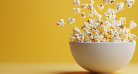Delicious popcorn in a white bowl on a yellow backgroundの素材
