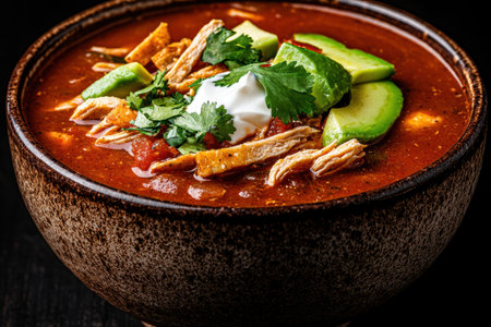 Spicy mexican chicken soup with avocado and sour creamの素材