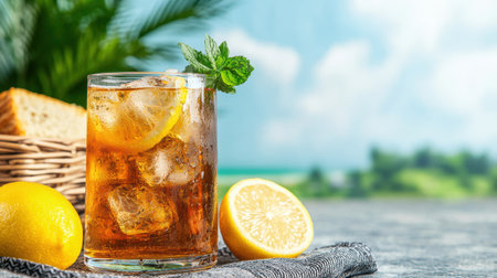 refreshing iced tea with lemon and mintの素材