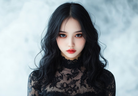Mysterious woman with dark hair and red lipsの素材