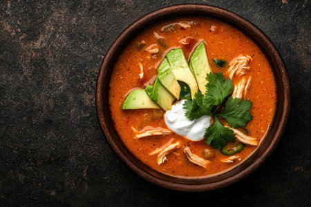 Delicious mexican chicken tortilla soup with avocado and sour creamの素材