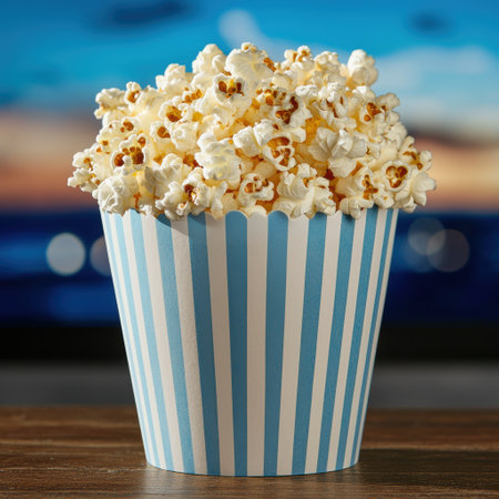Delicious popcorn in a striped containerの素材