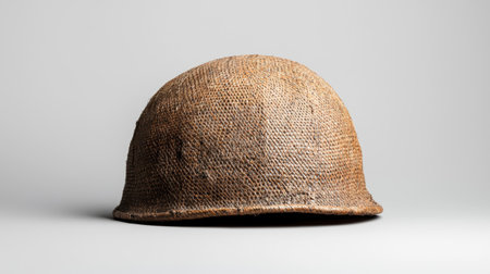 Woven straw helmet on gray backgroundの素材
