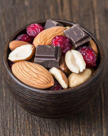 Assorted nuts and dark chocolate on wooden backgroundの素材