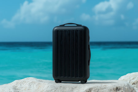 black suitcase on rocky beach with turquoise oceanの素材