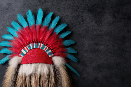 Colorful native american headdress on dark backgroundの素材