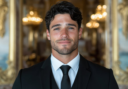 Handsome young businessman with curly hair and beardの素材