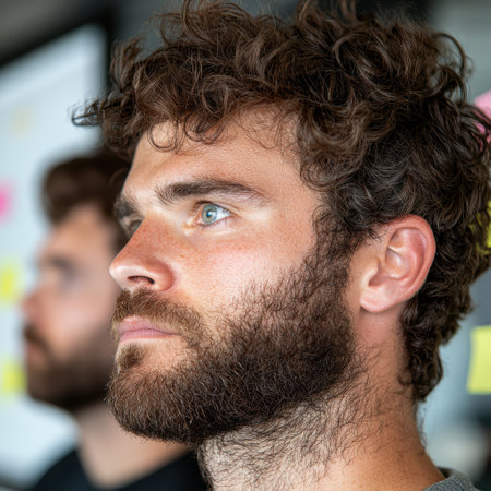 Closeup portrait of a man with curly hair and beardの素材