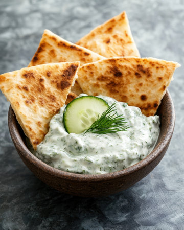 Creamy cucumber dip with pita breadの素材