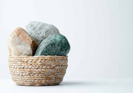 assortment of natural gemstones in woven basketの素材