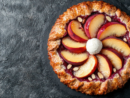 Delicious homemade fruit tart with peach slices and almondsの素材
