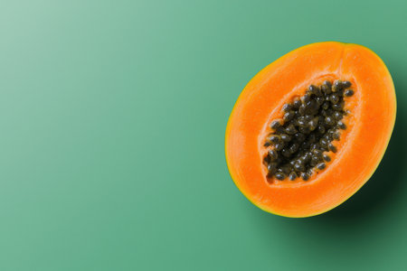 Juicy papaya fruit half on green backgroundの素材