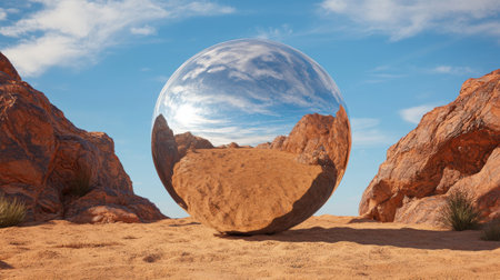 Surreal desert landscape with large transparent sphereの素材