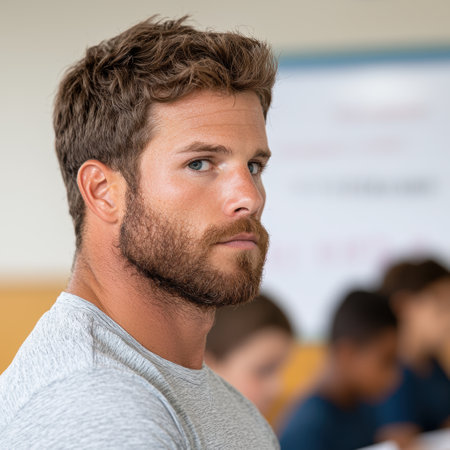 Handsome man with beard and windswept hairの素材