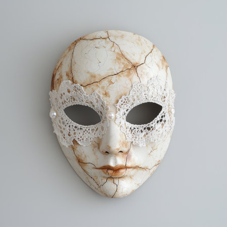 Ornate cracked porcelain mask with lace detailの素材
