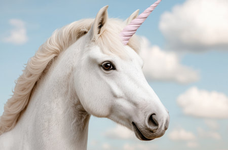 Majestic white unicorn against cloudy skyの素材