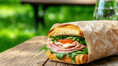 delicious sandwich with fresh ingredients on wooden tableの素材