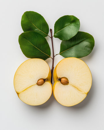Fresh organic yellow apple slices with green leavesの素材