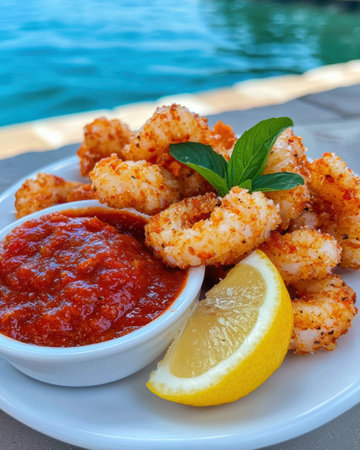 Breaded and fried seafood with spicy tomato dipping sauceの素材