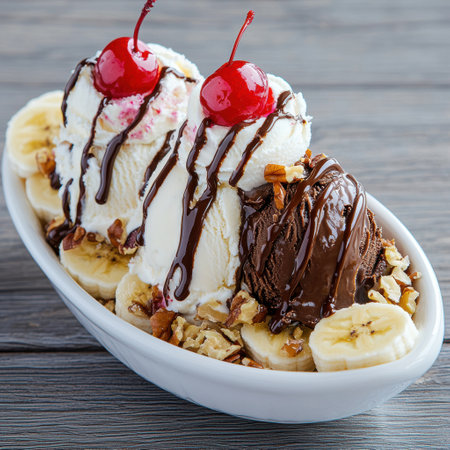 Decadent ice cream sundae with cherries, chocolate, and bananasの素材