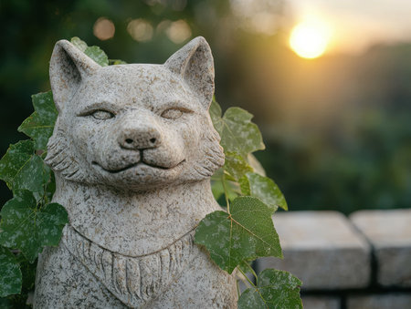 Serene stone cat statue in natureの素材