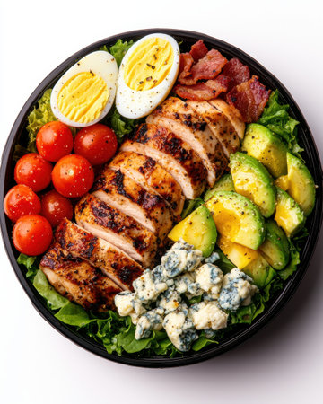 Healthy grilled chicken salad with eggs, tomatoes, and avocadoの素材