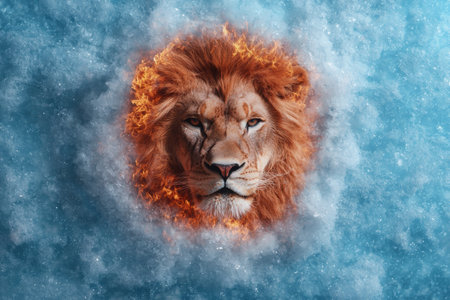 Powerful lion surrounded by fire and iceの素材