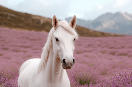 white horse in lavender fieldの素材
