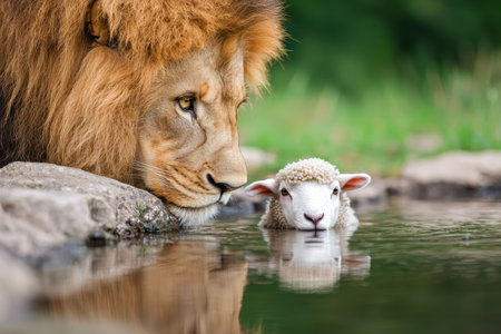 Peaceful coexistence between a lion and a lambの素材