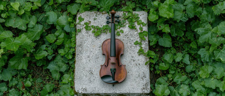 Vintage violin on stone slab surrounded by lush greeneryの素材