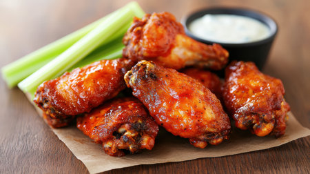 Delicious spicy chicken wings with celery sticks and dipping sauceの素材