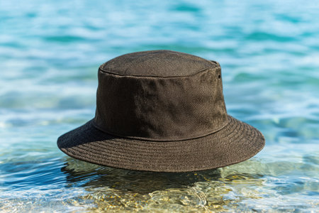 Bucket hat floating in calm blue watersの素材