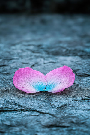 Vibrant pink and blue flower petal on wet surfaceの素材